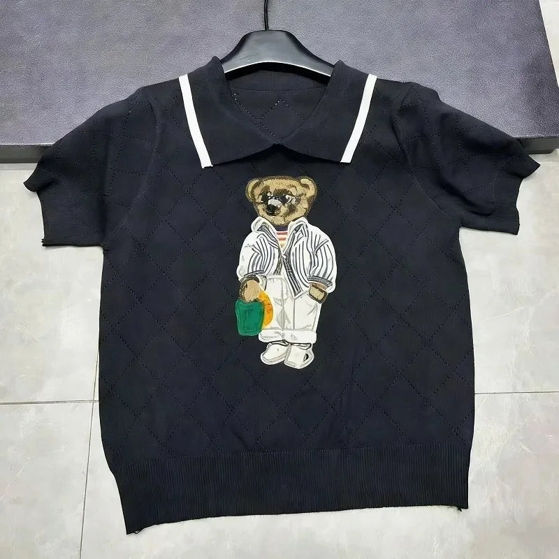 French Style Cartoon Bear Thin Knit Pullover Women Summer Short Sleeve Sweater Jumper Cropped Tops Fashion Women's Polo Shirt