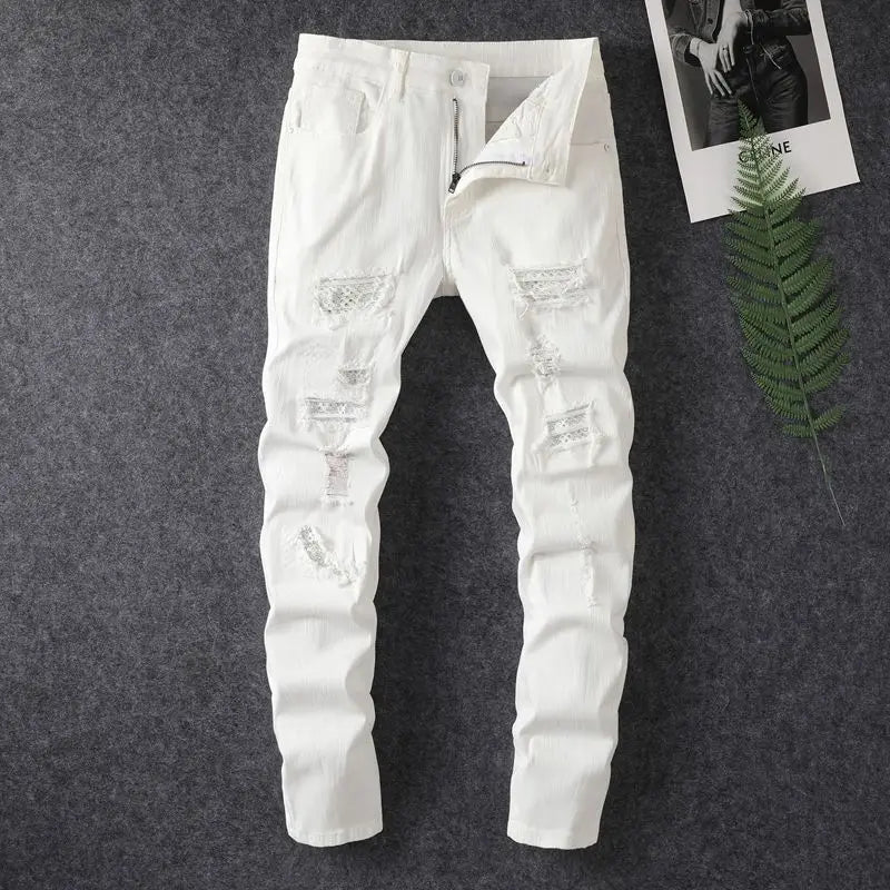 men's white distressed hot drilling jeans slim fit stylish American high street trendy jeans