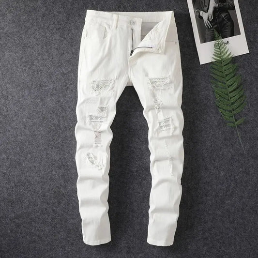 men's white distressed hot drilling jeans slim fit stylish American high street trendy jeans