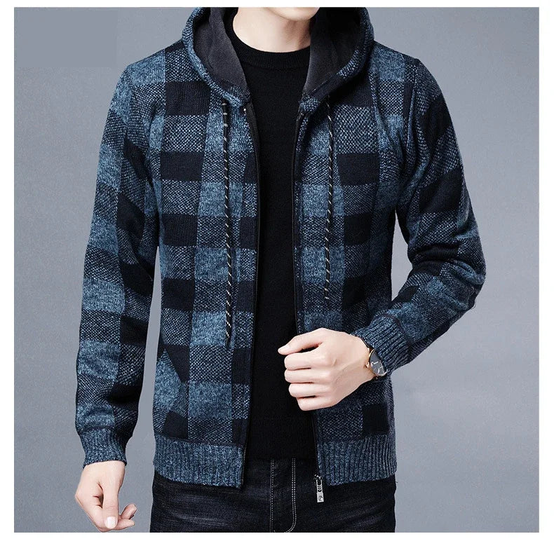 Sweater Jacket Fashion Winter Coat Fleece Hoodies High Quality Luxury Checkered Hooded Knit Cardigan Male Outer Wear