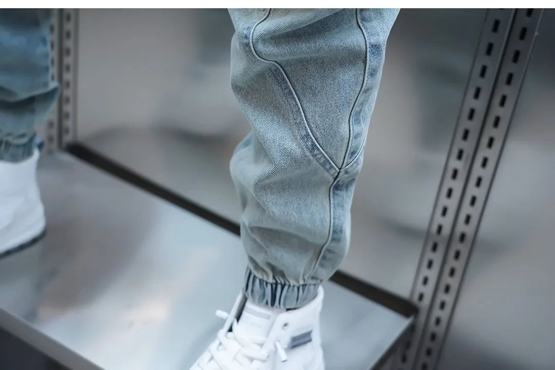 Men's Summer Slim Fit Jeans Light Blue Elastic Waist Patchwork Casual Pants Tapered Leg Jeans Harlan Sle Breathable Comfort...