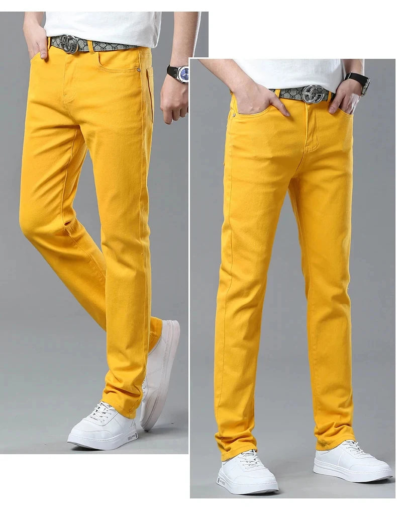 Men's Colorful Denim Stretch Stretch Jeans New Elastic Yellow Pink Red Slim Male Clothing Simple Business Denim Trousers