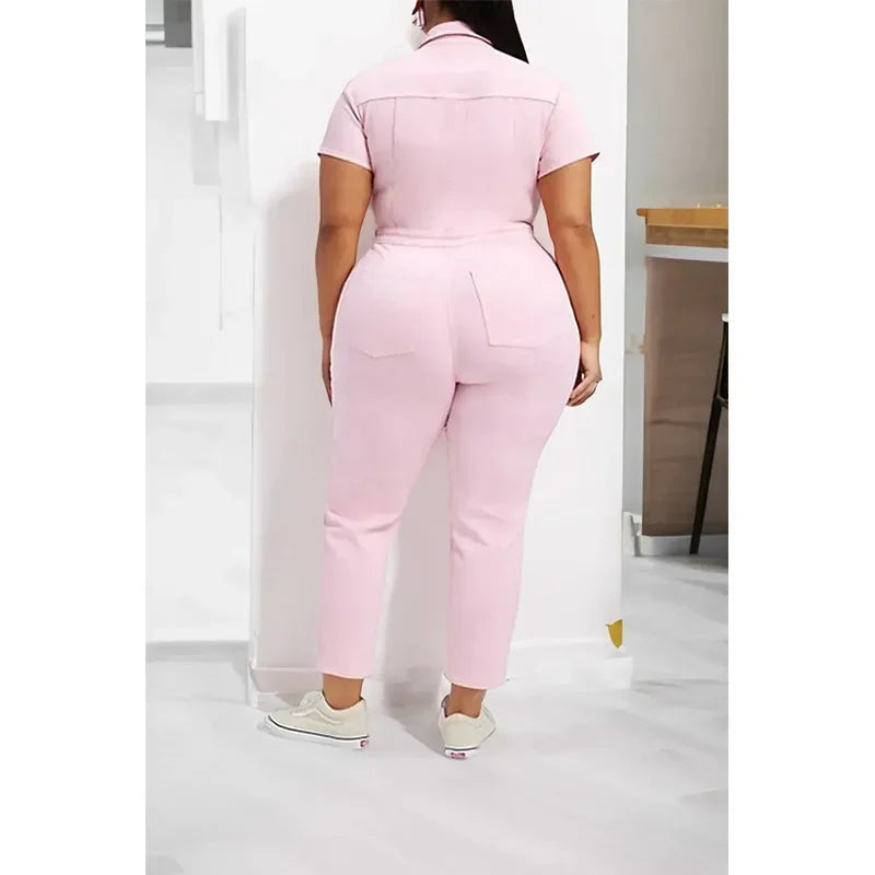 Fashion Jeans Plus Size Denim Jump Suits for Women Slim Short Sleeve Turn Down Collar Overalls Rompers Female One-piece Pants