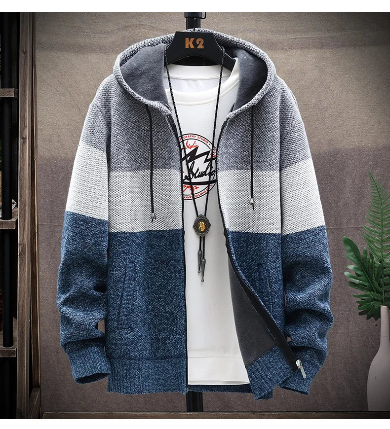 Sweater Fleece Coat Striped Jackets Fashion Hoodies Winter Autumn Thick Warm Windbreaker Pullovers Male Clothing
