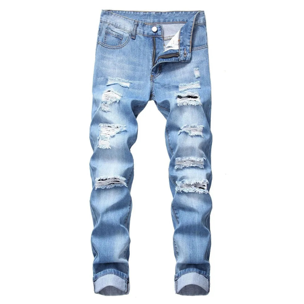 Men Vintage Wash Solid Denim Trouser Mens Casual Slim Fit Pencil Denim Holes Pants 2024