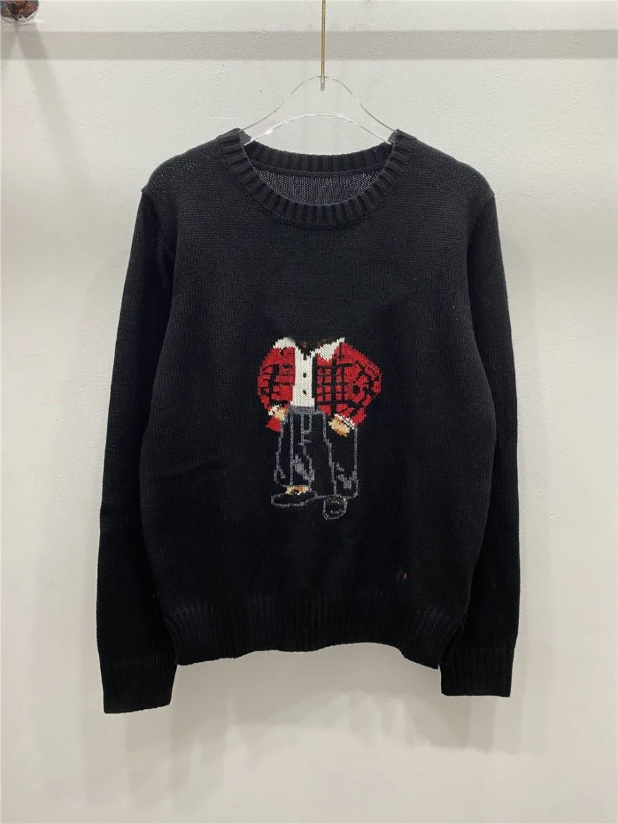 Soft Cotton Knit Sweater Women's Bear Embroidery Round Neck Top Autumn Winter Comfortable Wear Casual Embroidery Pullover