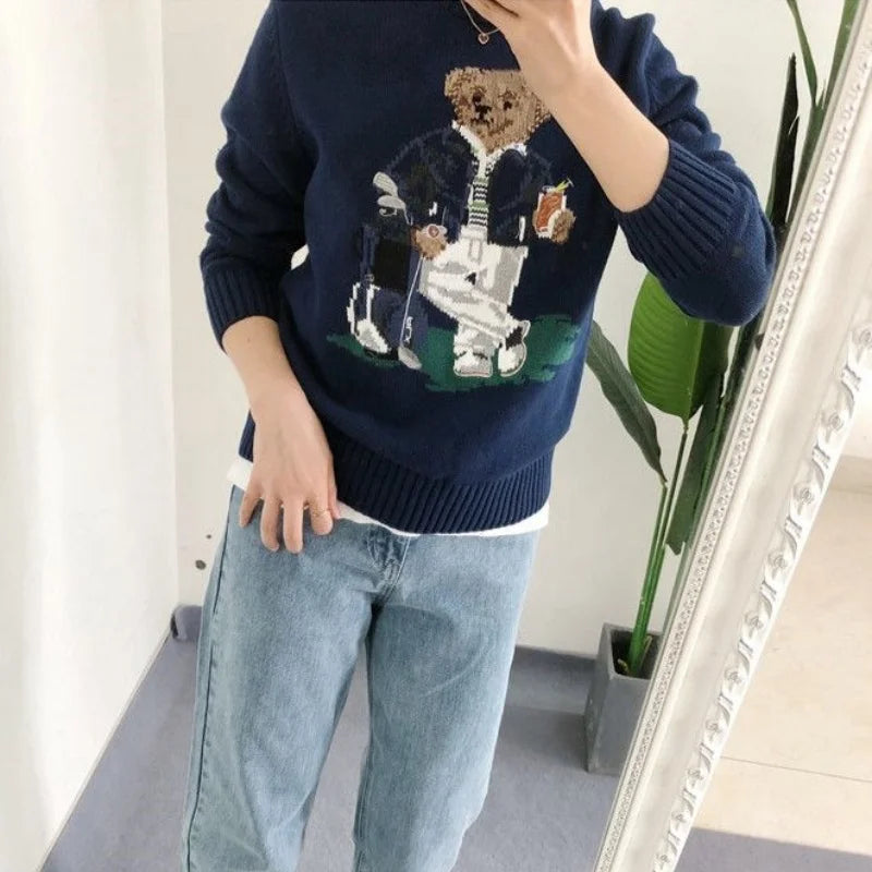 Autumn Fashion Cartoon Embroidered Wool Jumpers Women Kawaii Bear  Cashmere Sweater Preppy Loose Long Sleeved Knitted Pullover
