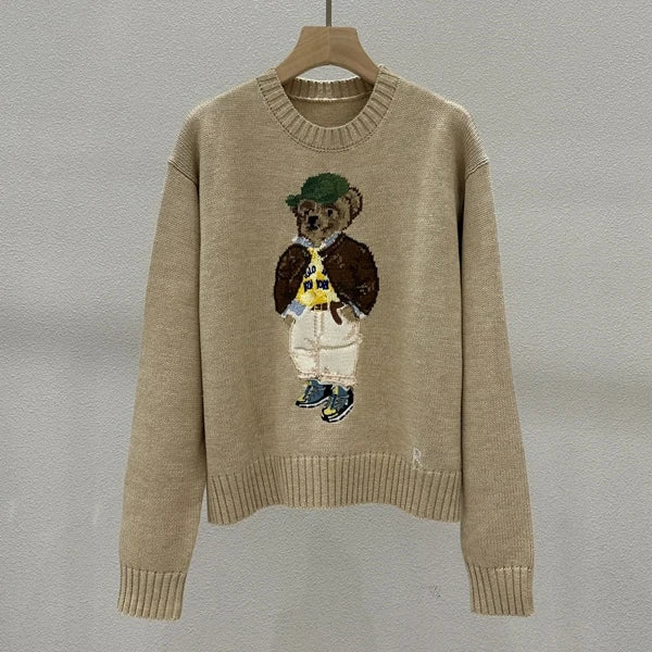 Loose Fit round Ne Knitted Sweater Cotton Bear Cartoon Design Casual Sle Women's Faion Autumn Winter Wool Blend Top