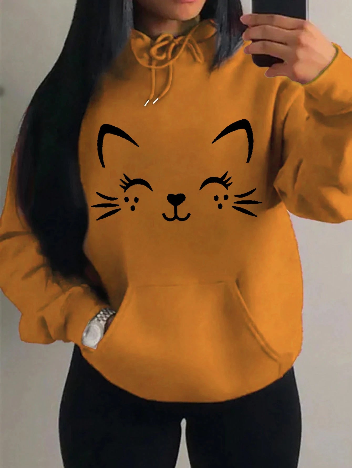 Simple Word Cat Happy Pattern Women Hoodies Fashion Casual Streetwear Personality Hip Hop Hoodie Trendy Fleece Pulloverar