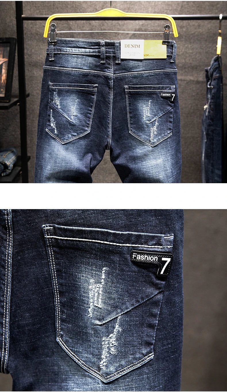 Men Slim-fit Denim Pants Cotton Korean Style Fashion Elasticity Versatile Blue Black Men's Clothing