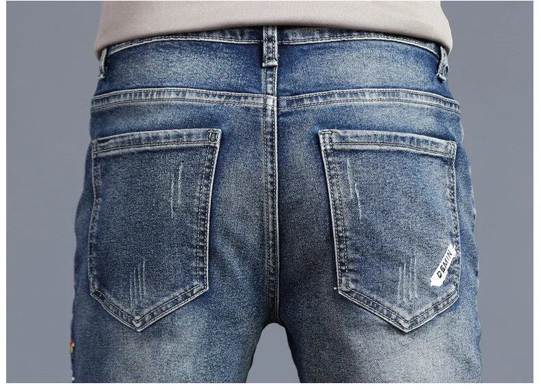 Men's Vintage Jeans Korean Fashion Slim Little Feet Embroidered Trousers Stretch Male Streetwear Denim Pants