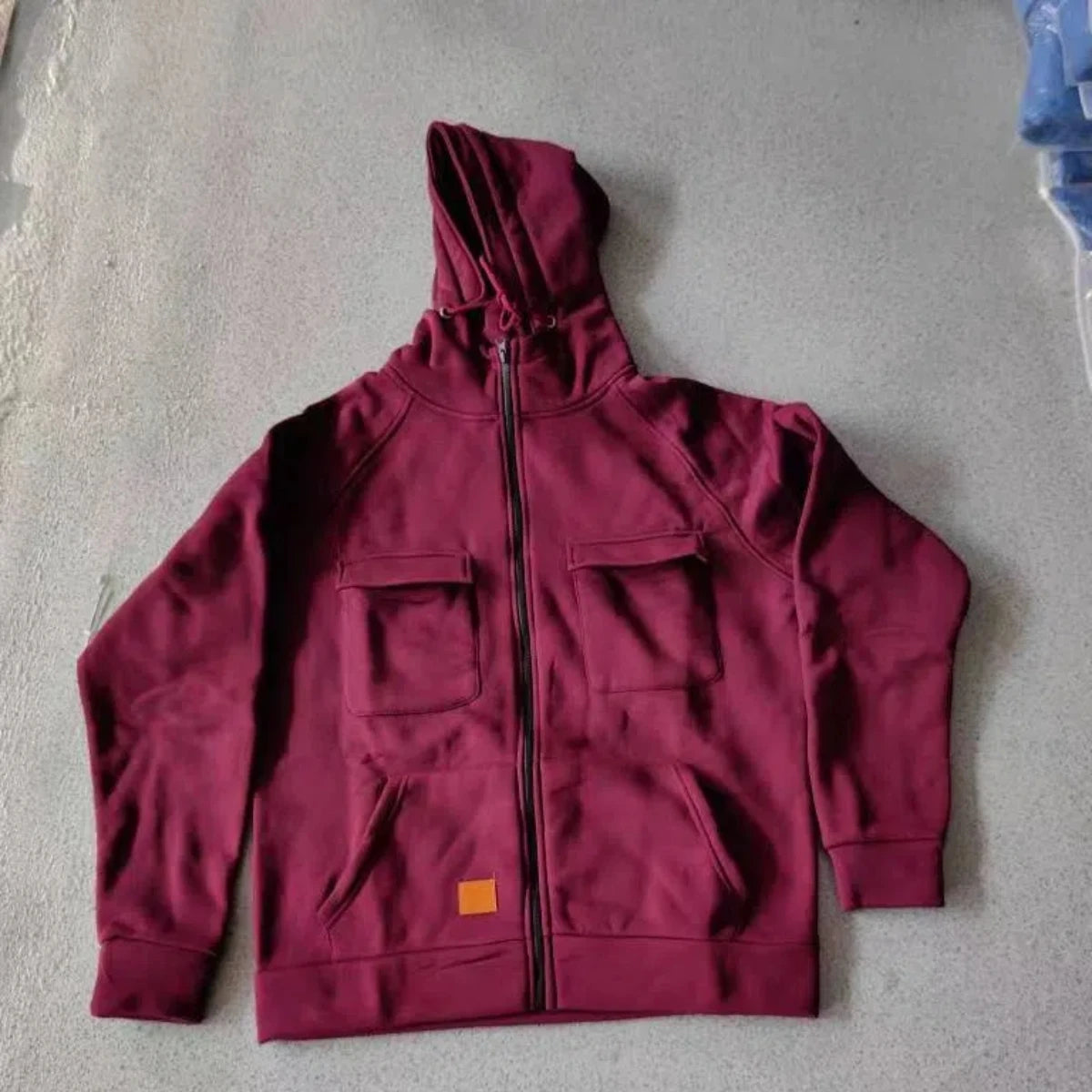 JUMPER Solid-Color Zipper Pullover Hooded Sweater Casual Loose Street-Style Multi-Pocket Hooded Sports Coat