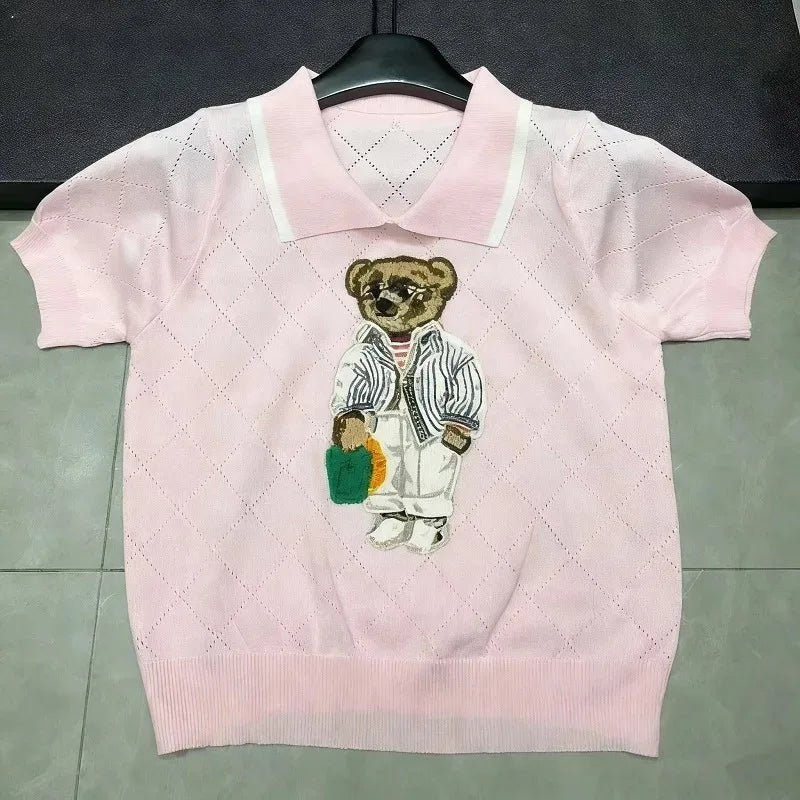 French Style Cartoon Bear Thin Knit Pullover Women Summer Short Sleeve Sweater Jumper Cropped Tops Fashion Women's Polo Shirt