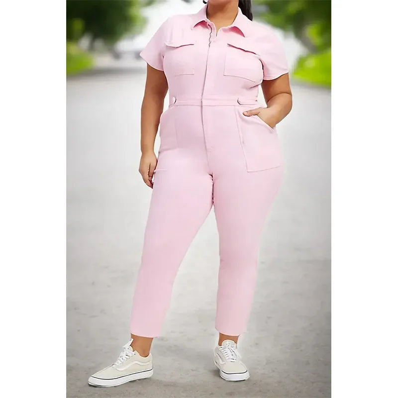 Fashion Jeans Plus Size Denim Jump Suits for Women Slim Short Sleeve Turn Down Collar Overalls Rompers Female One-piece Pants