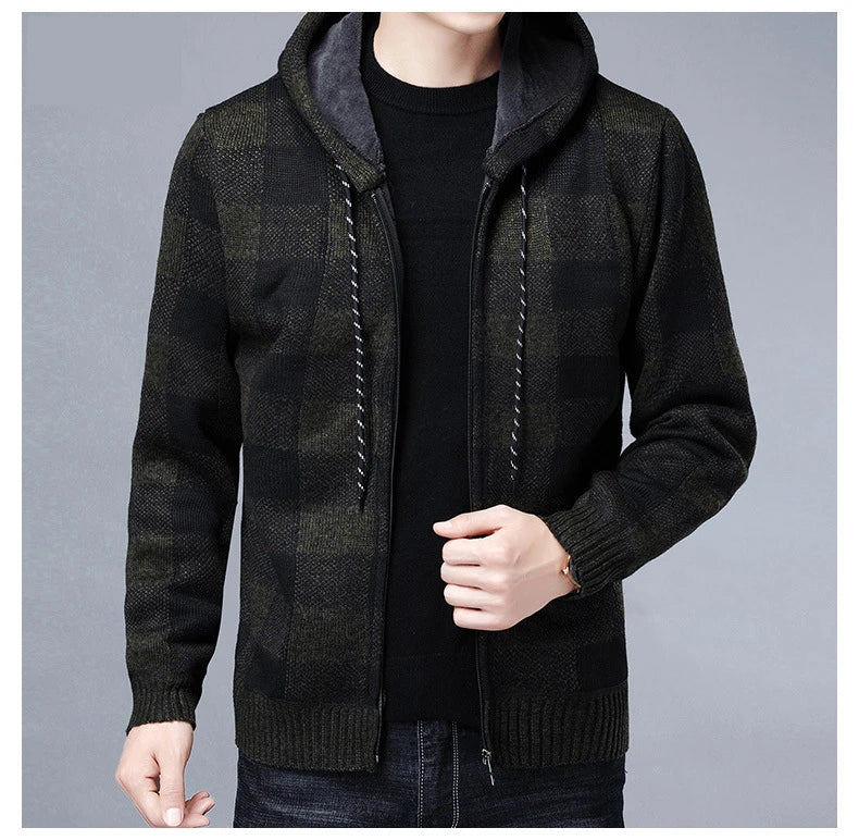 Sweater Jacket Fashion Winter Coat Fleece Hoodies High Quality Luxury Checkered Hooded Knit Cardigan Male Outer Wear
