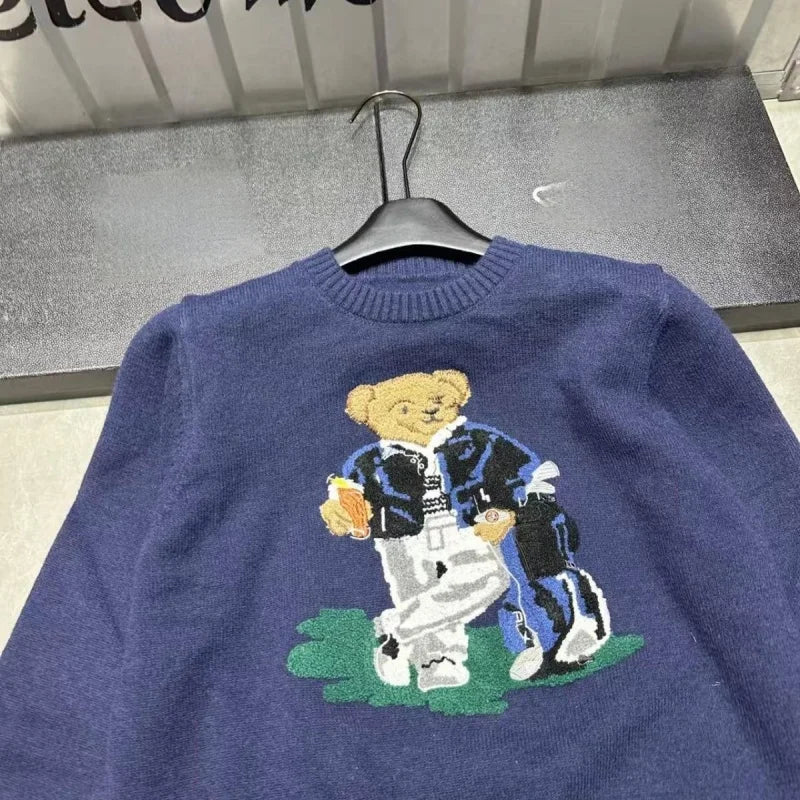 Autumn Fashion Cartoon Embroidered Wool Jumpers Women Kawaii Bear  Cashmere Sweater Preppy Loose Long Sleeved Knitted Pullover