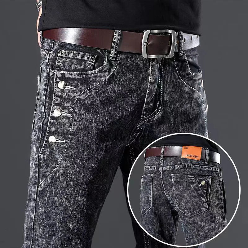Men's Designer Jeans Snowflake Grey Wash Korean Fashion Stretch Pants Multi-button Denim Trousers