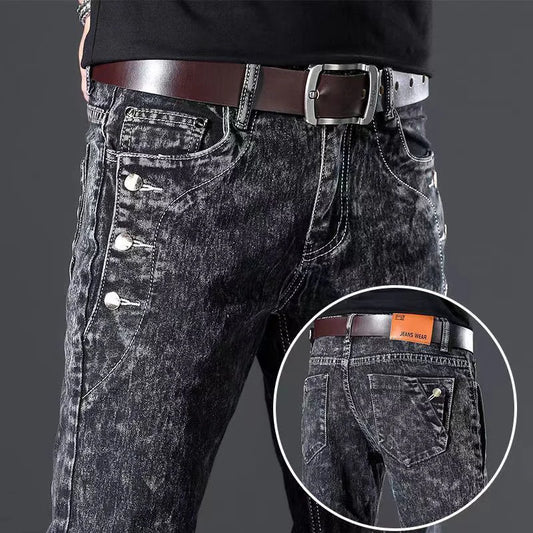 Men's Designer Jeans Snowflake Grey Wash Korean Fashion Stretch Pants Multi-button Denim Trousers