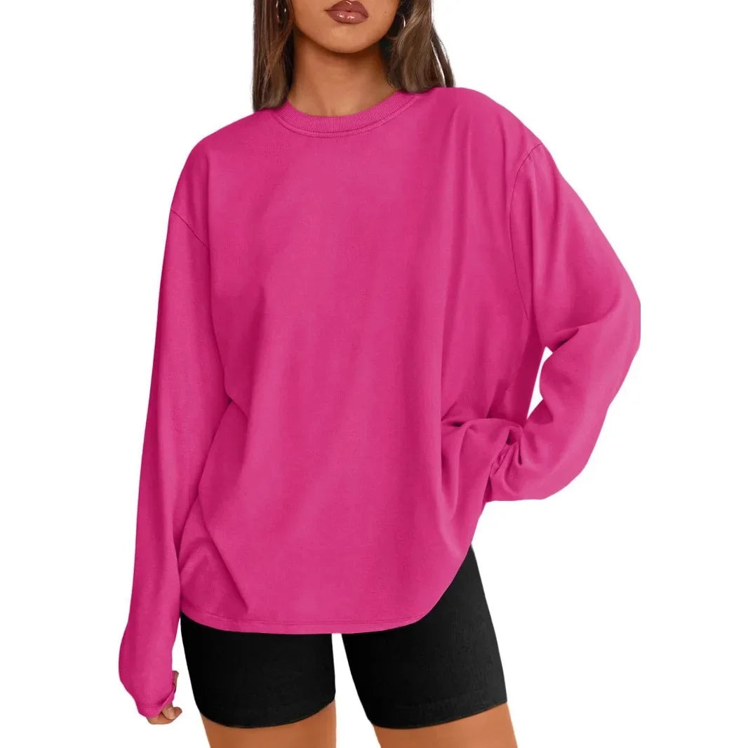 Long Sleeve Crew Neck Solid Color T-Shirt for Women Comfortable Cotton Top Fashionable