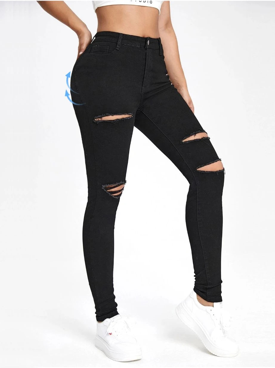 Ins Lady High Waisted Stretchy Skinny Jeans | Girls Ripped Design Trendy Versatile Timeless Casual Fashion Denim Pants