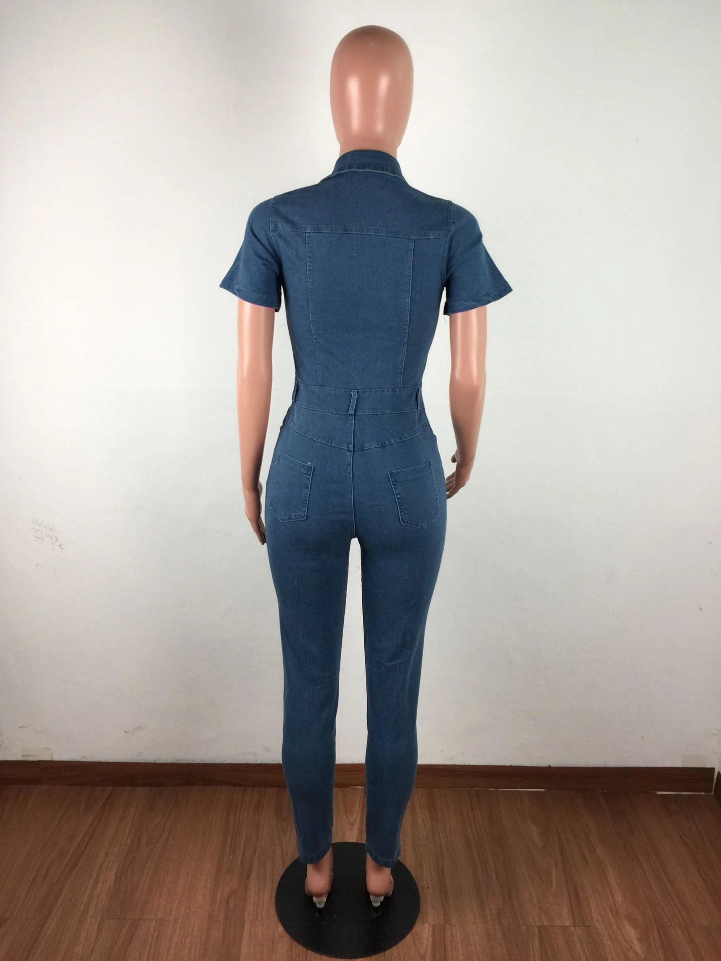 JRRY Sexy Women Denim Jumpsuits Short Sleeve Turn Down Collars Buttons Pockets Denim Bodysuit