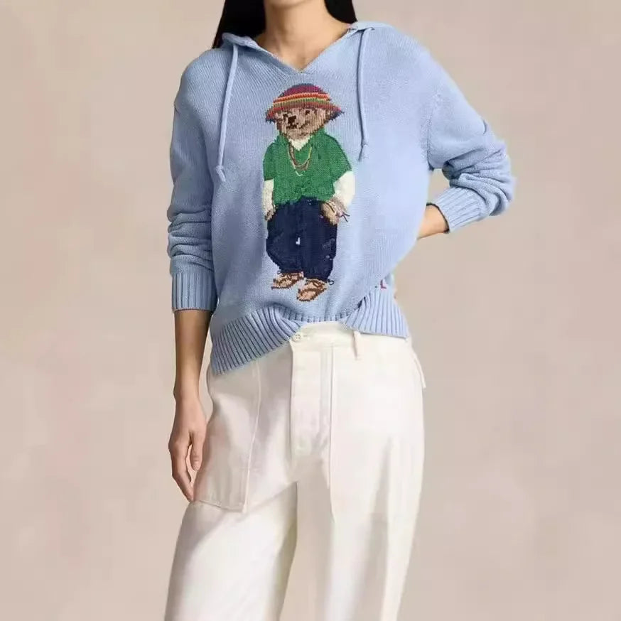 Classic American Style Women's Knitted Sweater Cotton Loose Fit Hoodie Embroidered Bear Anti-Aging Fashionable All-Match