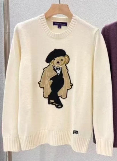European Style Luxury Loose O-Neck Bear Pullover Women Autumn Winter Fashion Womens Tops Casual Ladies Knitted T-shirt Sweater