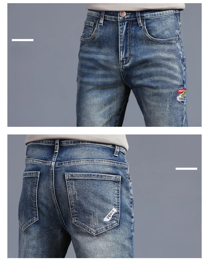 Men's Vintage Jeans Korean Fashion Slim Little Feet Embroidered Trousers Stretch Male Streetwear Denim Pants