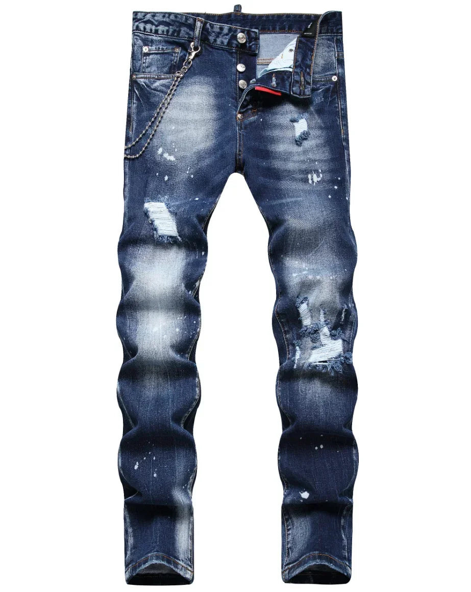 Men's Ripped Jeans Luxury Brand Light Blue Holes Long Trousers Quality Male Fashion Stretch Slim Pants Men Skinny Jeans