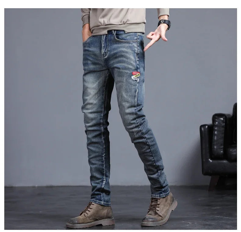 Men's Vintage Jeans Korean Fashion Slim Little Feet Embroidered Trousers Stretch Male Streetwear Denim Pants