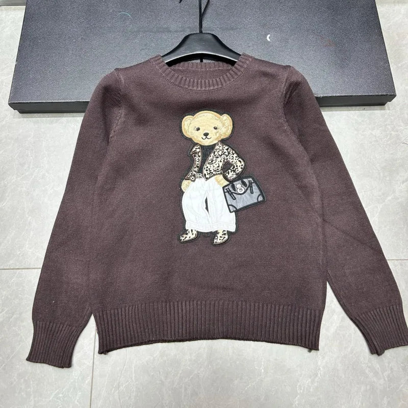 High Quality Light Luxury French Bear Embroidered Knitted Cardigan For Women New Fashion Casual Loose Sweater Coats Pulls Femmes