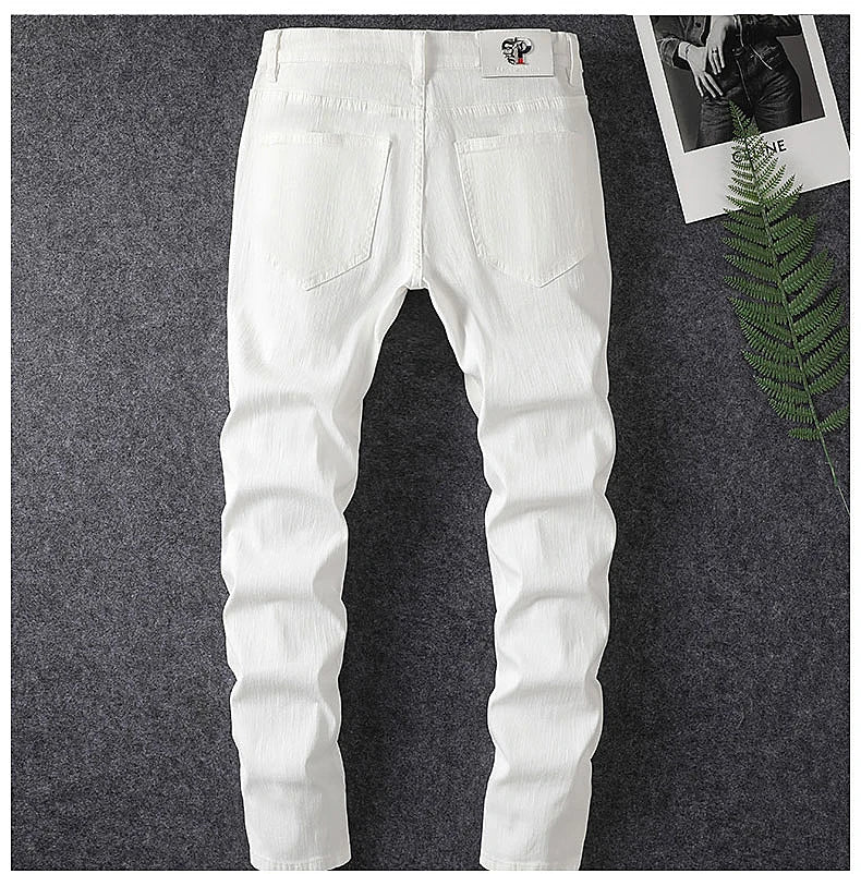 men's white distressed hot drilling jeans slim fit stylish American high street trendy jeans