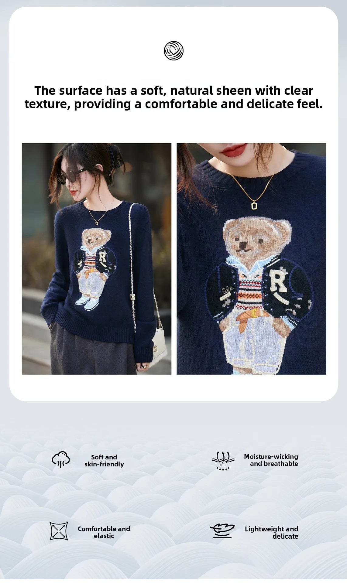Korean Bear Embroidery Thickened Woolen Knitted Sweater Women's Base Layer Shirt Anti-Aging Sweater Fresh Sweet Style Princes...