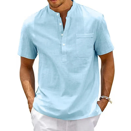 Men Short Sleeve T-shirt Solid Color Stand Collar Loose Pullover Shirt Thin Soft Comfortable Button T-shirt Top