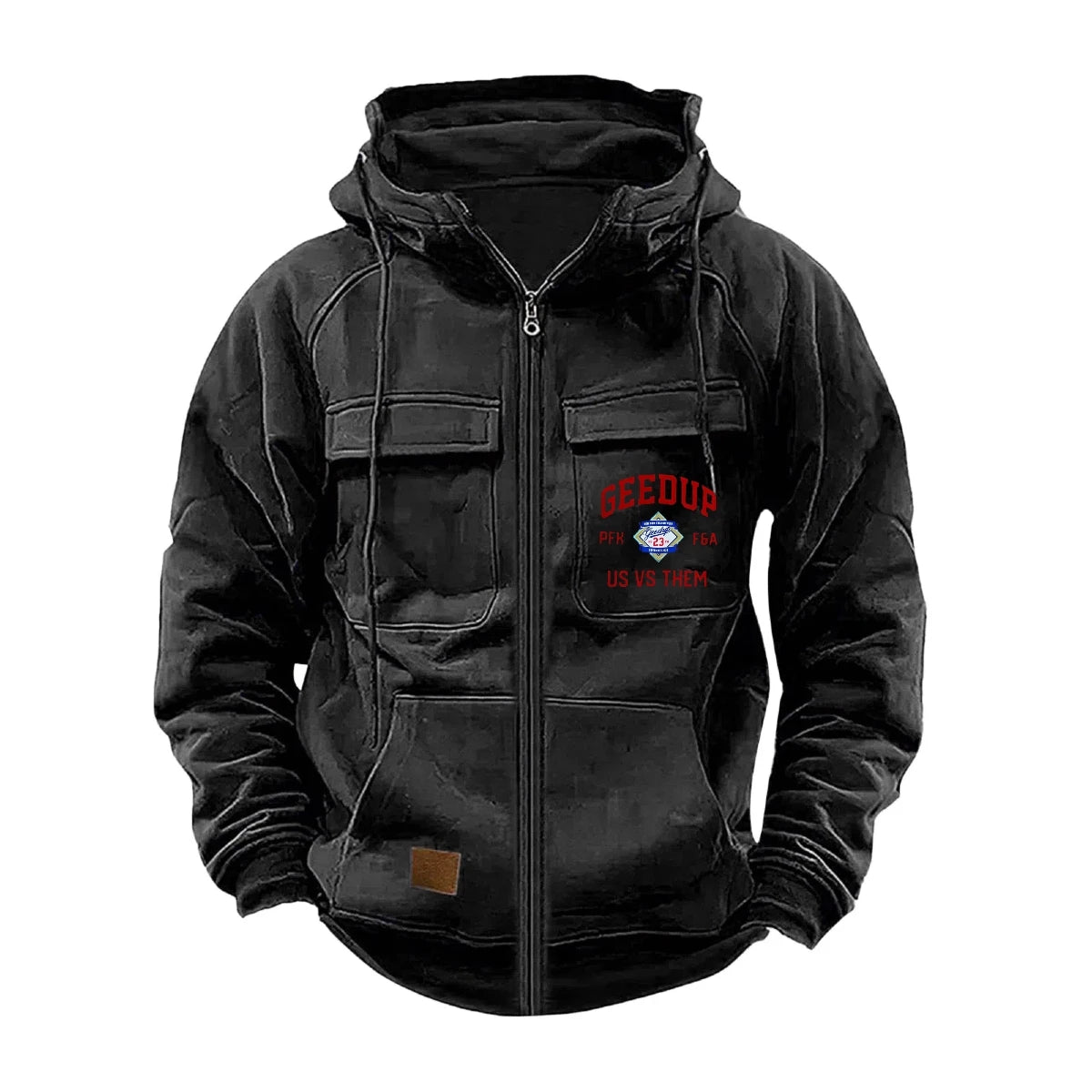 JUMPER Solid-Color Zipper Pullover Hooded Sweater Casual Loose Street-Style Multi-Pocket Hooded Sports Coat