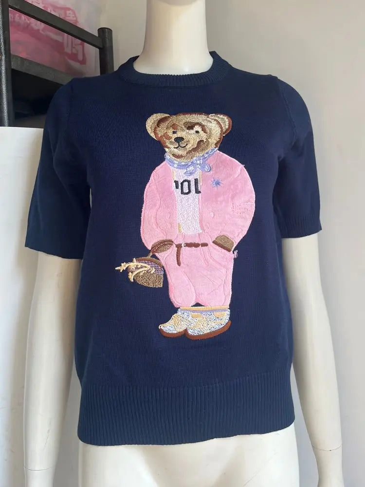 European Style Luxury Brand Loose O-Neck Bear Pullover Tops Knitwear Woman Short Sleeve T-shirt Ladies Wool Knitted Sweater