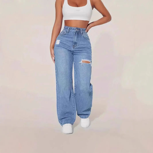 Washed Ripped Jeans, Women Four Seasons New Fashion Personality To Do Old Denim High Waist Straight Comfortable Wide Leg Pants