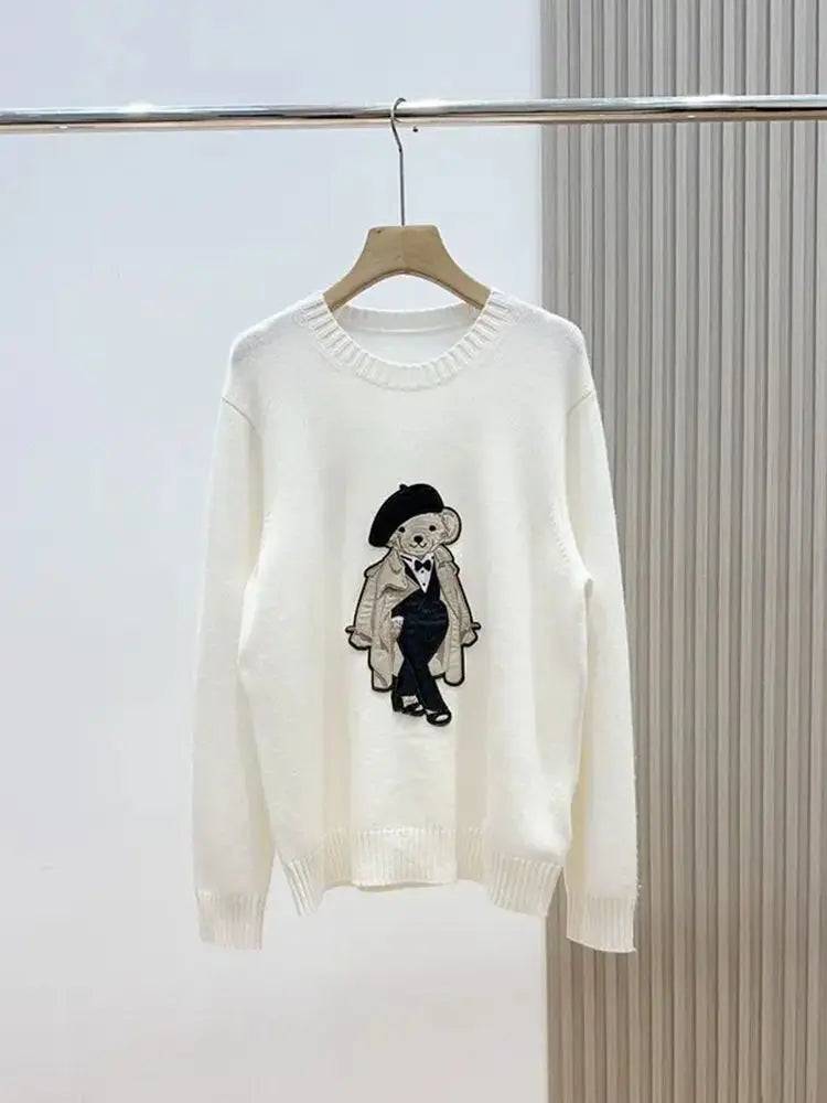 High Quality Light Luxury French Bear Embroidered Knitted Cardigan For Women New Fashion Casual Loose Sweater Coats Pulls Femmes