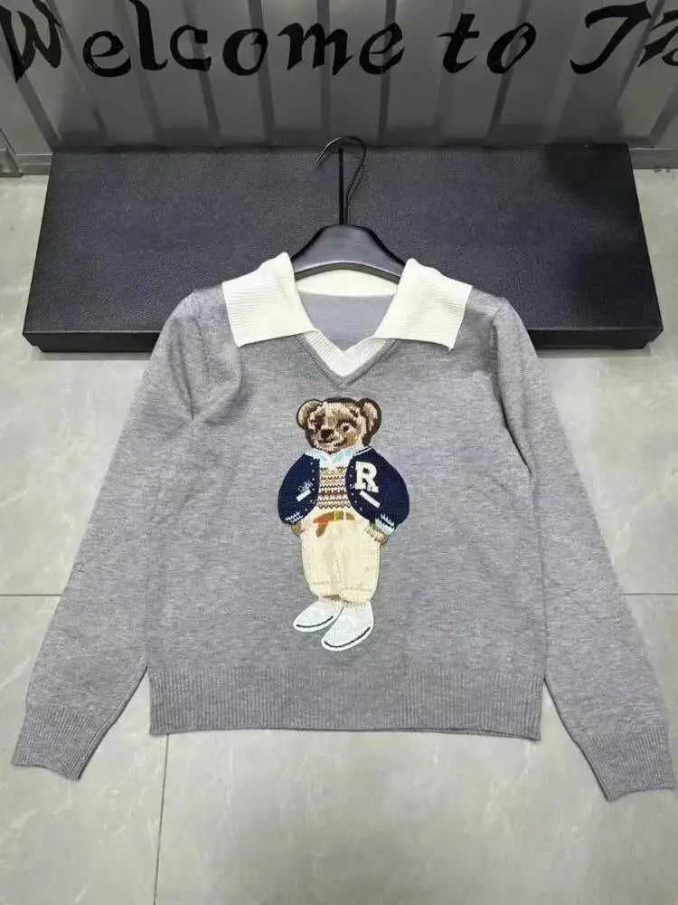 High Quality French Knitted Sweater Women Bear Cartoon Embroidery Long Sleeve Pullover Tops Jumper Korean Fashion Ladies Clothes