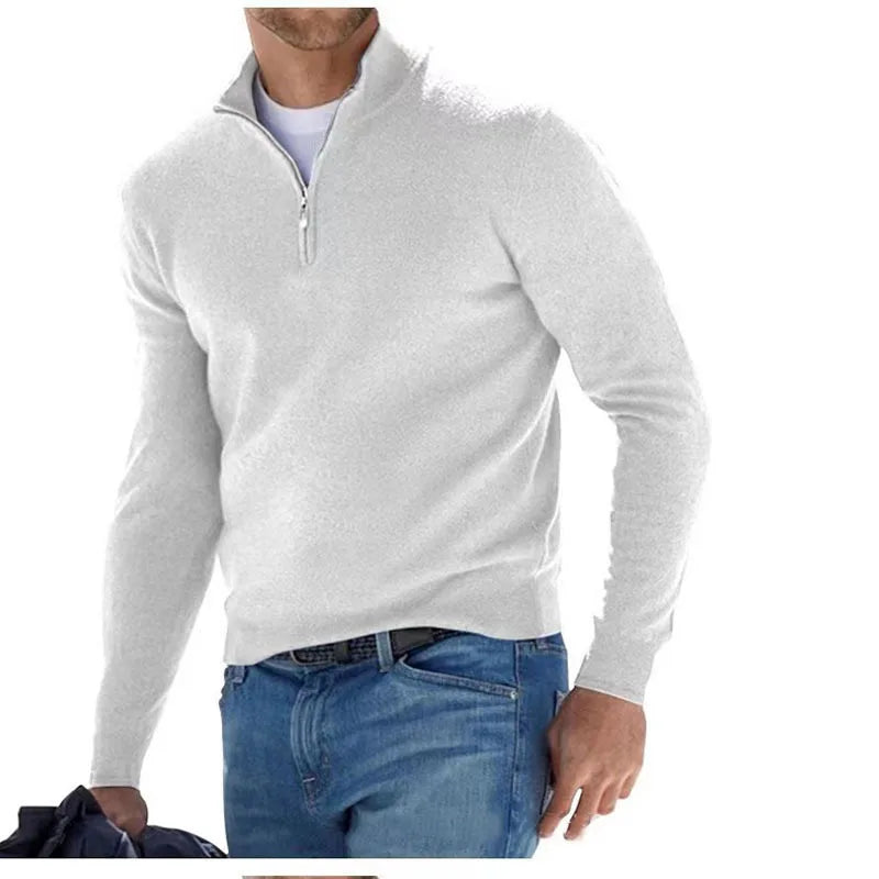 Men's Sweatwear Warm Pullover Solid Color Half Zipper Casual Sweater Slim V-neck Long Sleeve