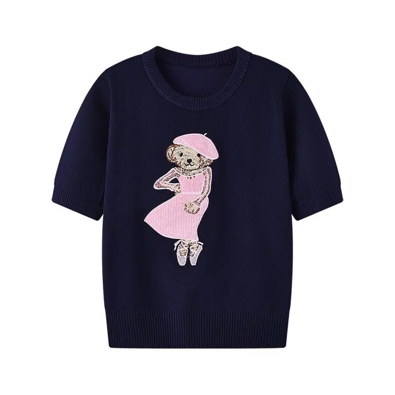 European Style Luxury Brand Loose O-Neck Bear Pullover Tops Knitwear Woman Short Sleeve T-shirt Ladies Wool Knitted Sweater
