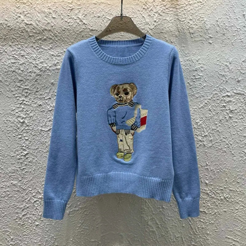 High Quality Fall Winter New Fashion Lazy Cartoon Bear Embroidery Loose Knitted Sweater Tops Women Casual Pullover Sweater Pull