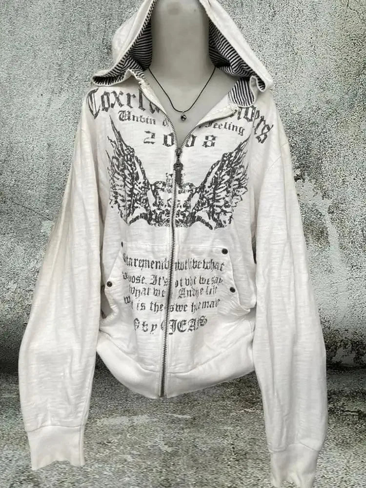 Hoodies Women Vintage Sweatshirts 2025 Women's Clothes White Print Tunic Hooded Y2k Coat Streetwear Fashion Casual Hoodies Tops Ropa Mujer