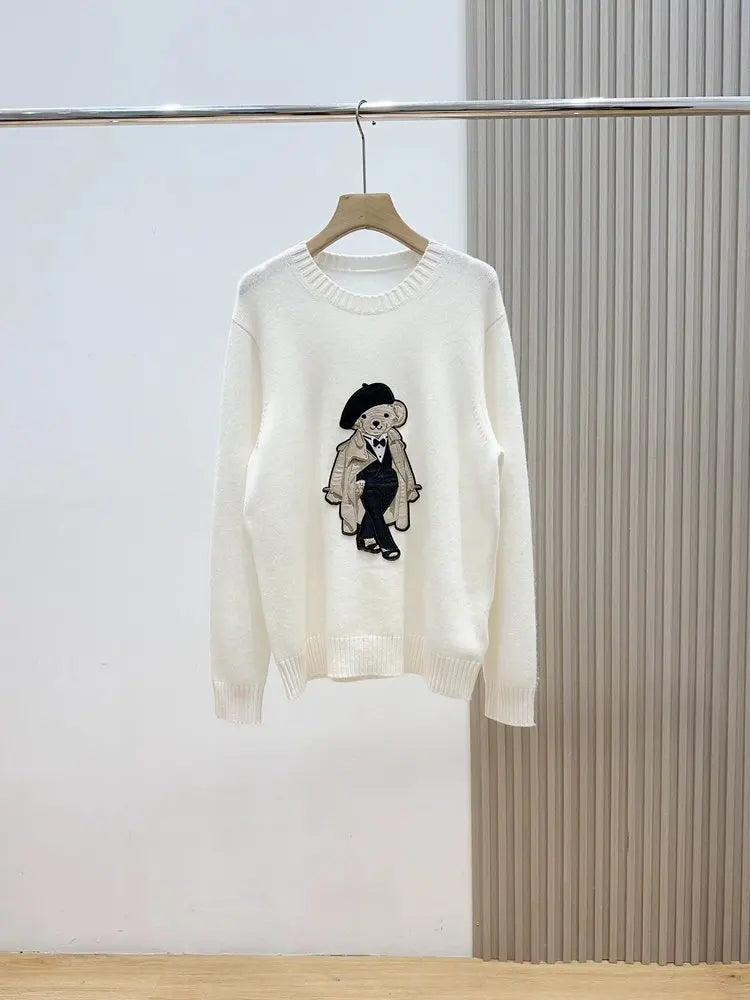 European Style Luxury Brand Loose O-Neck Bear Pullover Tops Knitwear Woman Long Sleeve T-shirt Ladies Wool Knitted Sweater Tops