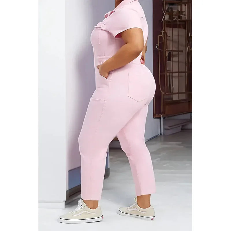 Fashion Jeans Plus Size Denim Jump Suits for Women Slim Short Sleeve Turn Down Collar Overalls Rompers Female One-piece Pants