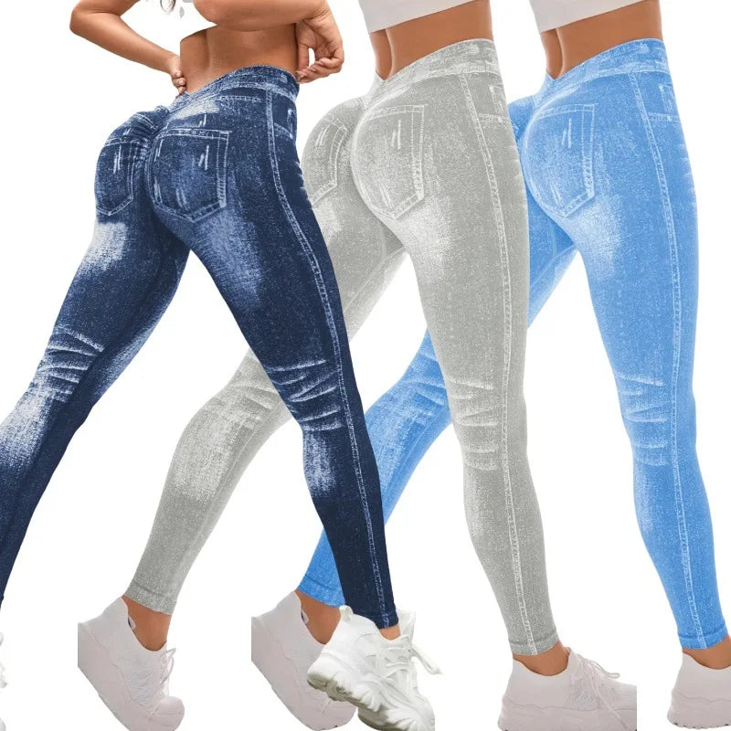  Women Sport Yoga Leggings Faux Jeans Skinny Tight Seamless Fitness Outerdoor Pants