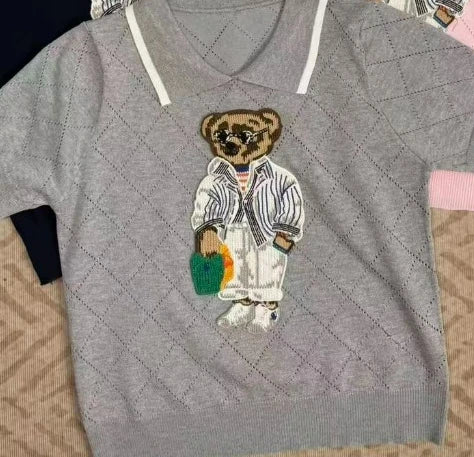 French Style Cartoon Bear Thin Knit Pullover Women Summer Short Sleeve Sweater Jumper Cropped Tops Fashion Women's Polo Shirt