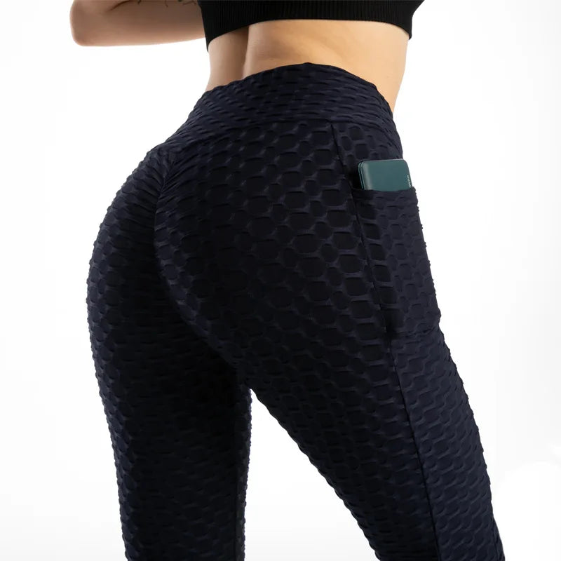 Leggings Women Fashion Pocket Bubble Pants Stretchy Slim Leggings Gym Running Cycling Fitness Pants High Waist Hip Lift Leggings Female