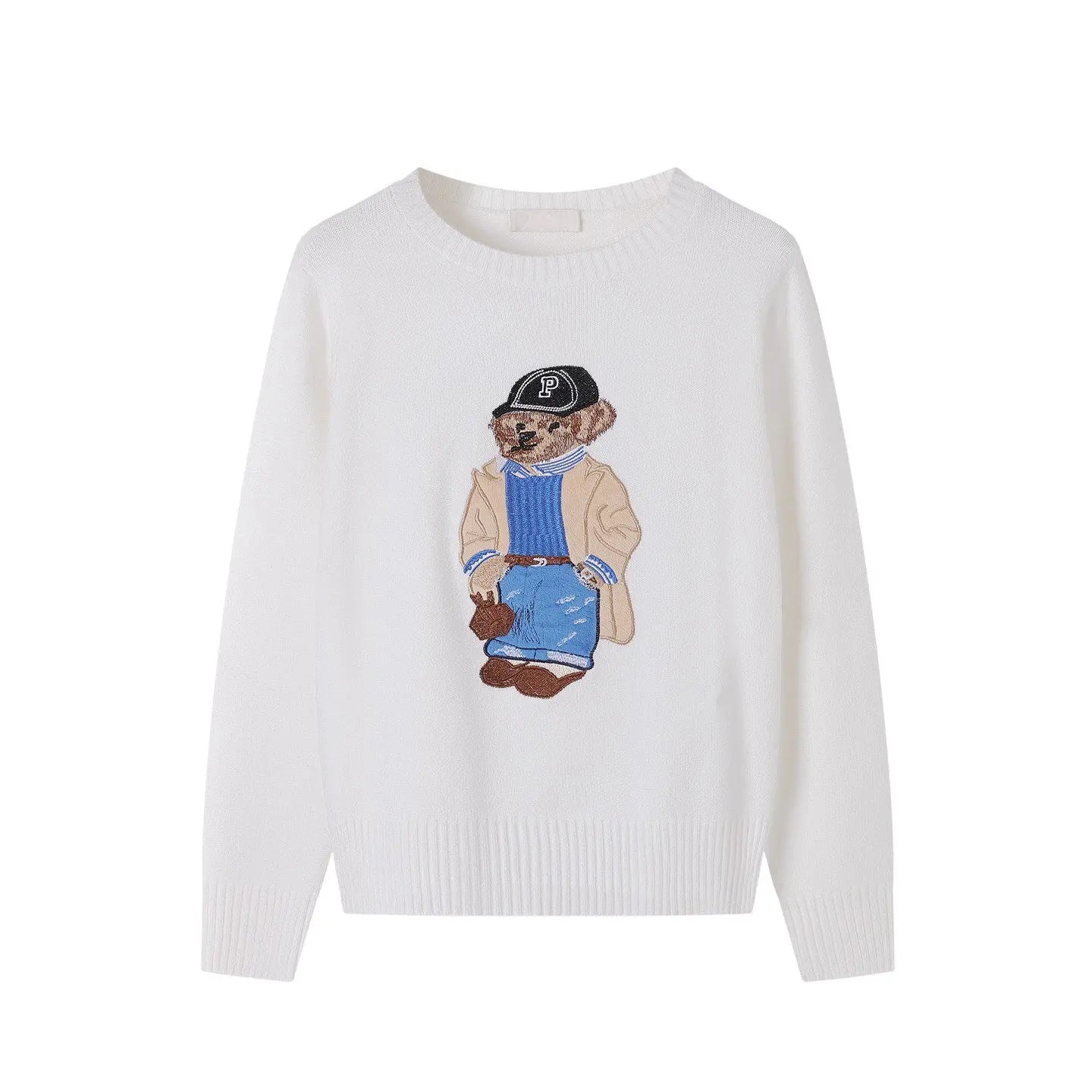 European Style Luxury Brand Loose O-Neck Bear Pullover Tops Knitwear Woman Long Sleeve T-shirt Ladies Wool Knitted Sweater Tops