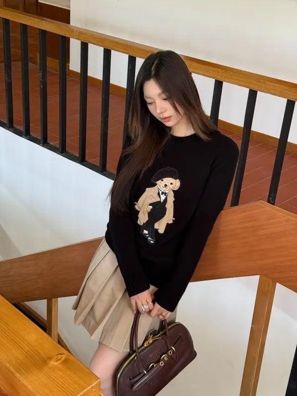 European Style Luxury Brand Loose O-Neck Bear Pullover Tops Knitwear Woman Long Sleeve T-shirt Ladies Wool Knitted Sweater Tops